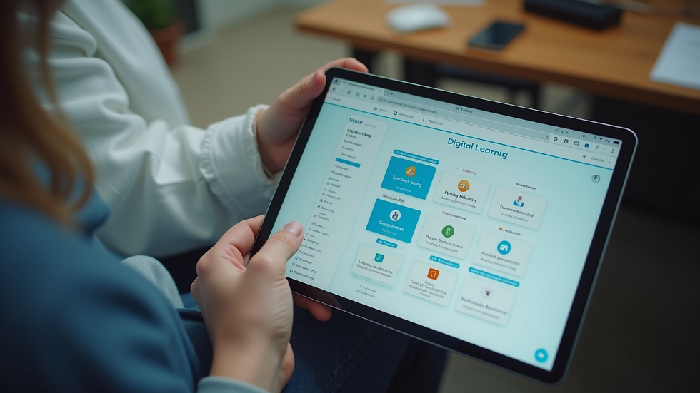 High angle view of a tablet displaying a digital learning platform