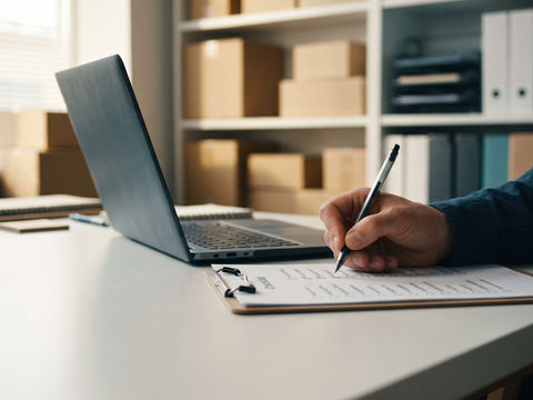 Hand ticking items on a printed checklist beside a lapto