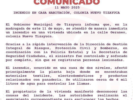 CONTROLAN INCENDIO EN VIVIENDA DE NUEVO TIZAYUCA; NO HAY LESIONADOS