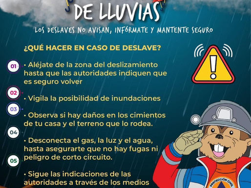 ¡Atención! 🌧️ En temporada de lluvias evita zonas de riesgo. Infórmate y toma precauciones ante deslaves.