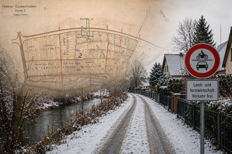 Winterlicher Wirtschaftsweg an der Rodau in Rodgau-Dudenhofen mit historischem Kartenausschnitt zum Schotti-Verfahren