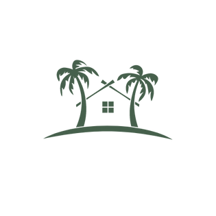 Logo art of a house in between 2 palm trees