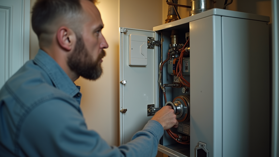 Close-up view of an energy assessor inspecting a boiler in a London flat