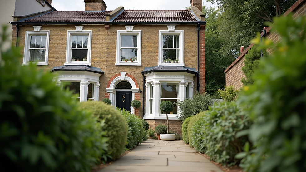 Eye-level view of London townhouse exterior with garden