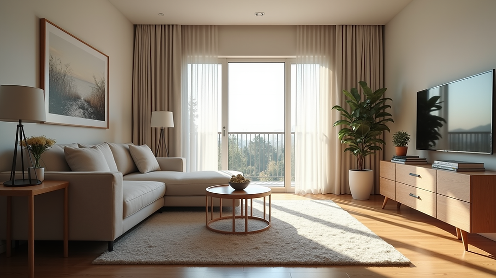 Eye-level view of modern living room with natural light