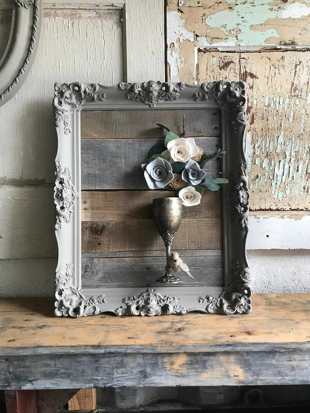 Pallet Refinery Frame, Felt Flowers, Antique