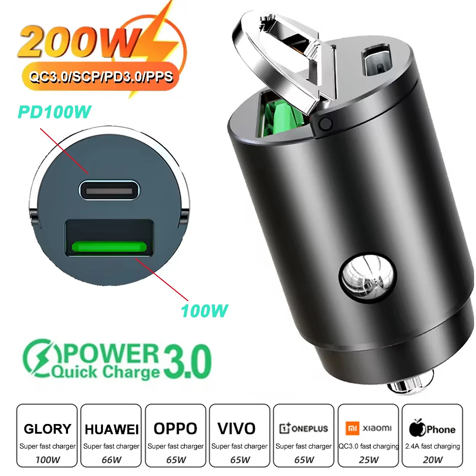 Thumbnail: Car 100-200W Dual Port Mini USB Charger Ultra Fast Charging Cigarette Lighter So