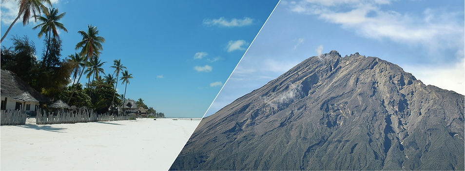 A dual header image, featuring on the left a pristine beach adorned with palm trees and charming wooden huts topped with straw roofs, and on the right, the summit of Mount Meru.