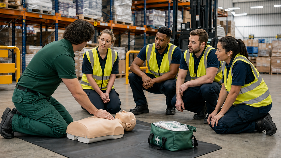 Crane Medical Care first aid trainer delivering practical CPR training to warehouse staff during an Emergency First Aid at Work course.