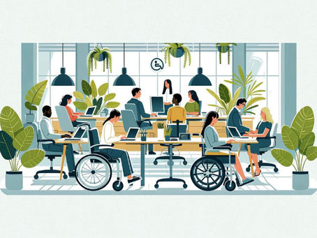 Ilustração mostra um escritório com diversas pessoas em mesas com laptops à frente e trabalhando, incluindo duas mulheres cadeirantes.
