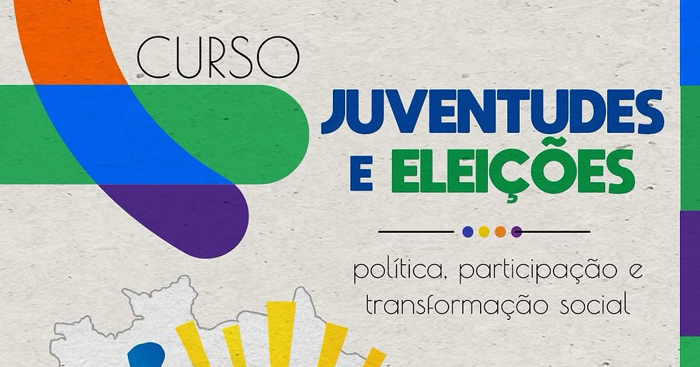 Banner em bege pontilhado e com figuras geométricas coloridas. Ainda tem o texto: "Curso Juventudes e Eleições - Política, participação e transformação social".