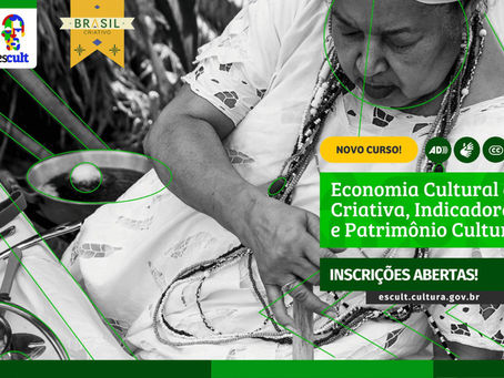 Banner traz foto de uma baiana produzindo acarajé, com o texto sobreposto: "Novo Curso! Economia Cultural e Criativa, Indicadores e Patrimônio Cultural. Inscrições abertas!"