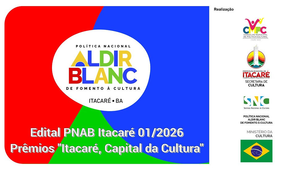 Figuras geométricas em azul, verde e vermelho. Ao centro, logomarca da PNAB Itacaré. E, ao lado direito, barra de logomarcas do Conselho Municipal de Política Cultura, da Secretaria de Cultura de Itacaré, do Sistema Nacional da Cultura, da Política Nacional Aldir Blanc e do Ministério da Cultura.