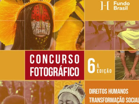 Mosaico de fotos com sobreposição da cor laranja e os textos "Concurso Fotográfico 6ª Edição" e "Direitos humanos. Transformação social", além da logomarca do Fundo Social.