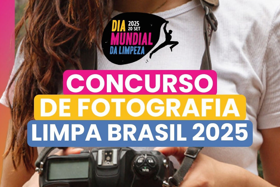 Foto mostra o dorso de uma mulher com uma câmera fotográfica e os textos "Dia Mundial da Limpeza. 20 set 2025" e "Concurso de fotografia Limpa Brasil 2025".