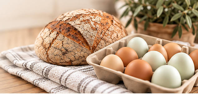 Homemade sourdough bread and a carton of farm-fresh eggs