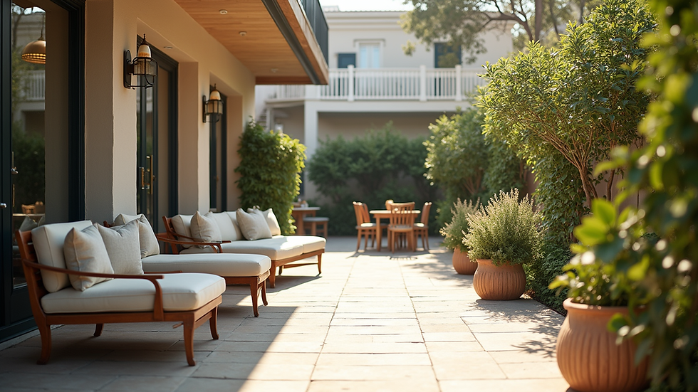 Wide angle view of a clean and inviting patio with outdoor furniture