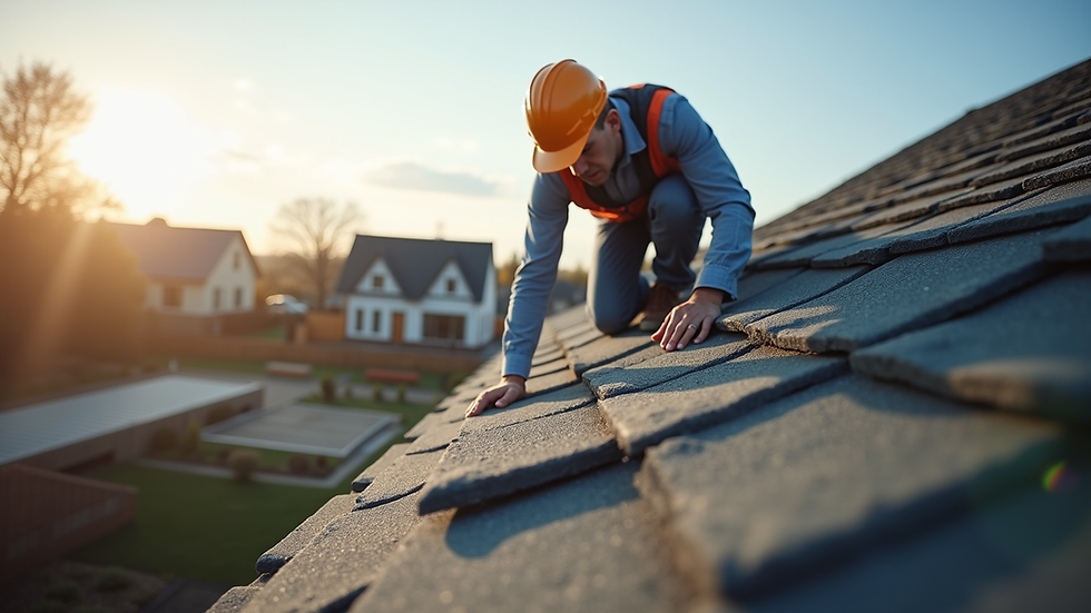 Eye-level view of a home inspector examining a roof