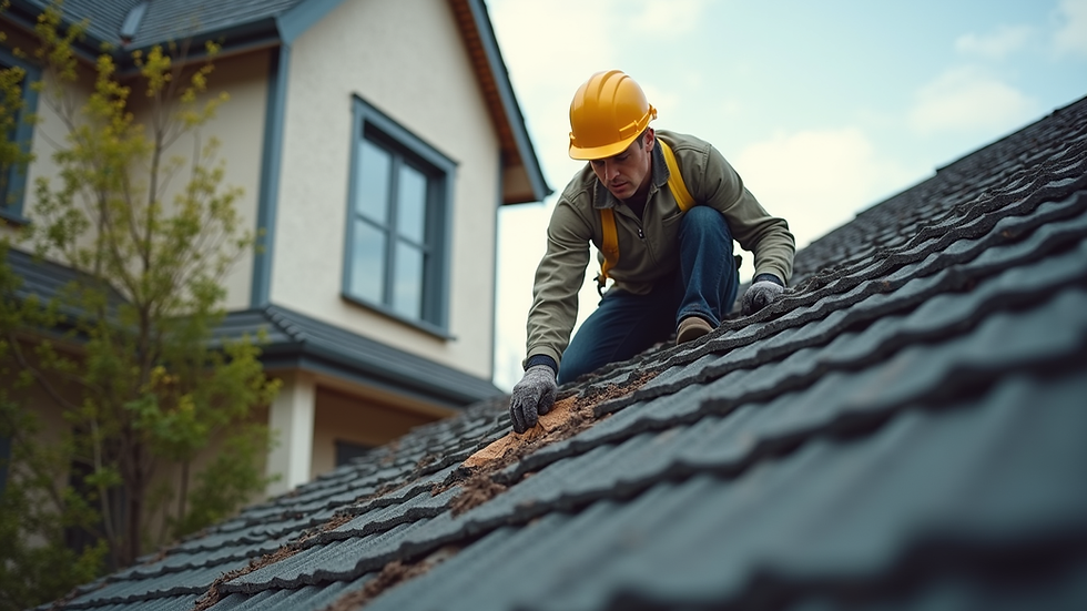 Eye-level view of a home inspector examining a roof for damage