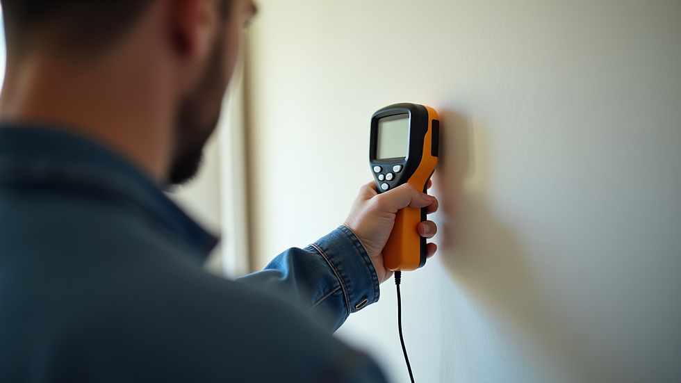 Close-up view of a home inspector using a moisture meter on a wall