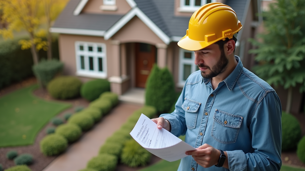 High angle view of a home inspector reviewing a checklist outside a house