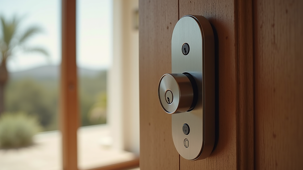 Close-up view of a smart lock on a vacation home door
