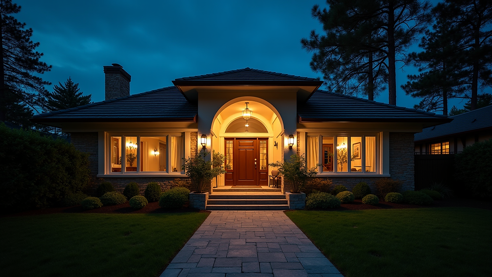 Eye-level view of a well-lit vacation home entrance at night