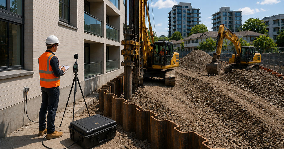 Acoustic consultant monitoring construction noise near nearby buildings.