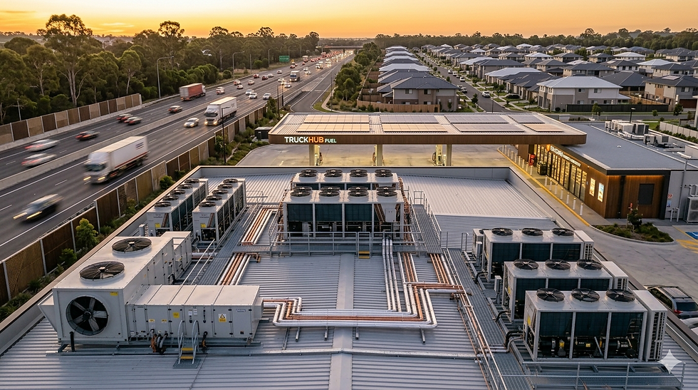 Aerial view of a rooftop with HVAC units, adjacent to a busy freeway and a "TRUCK HUB FUEL" station at sunset. Houses line the background.