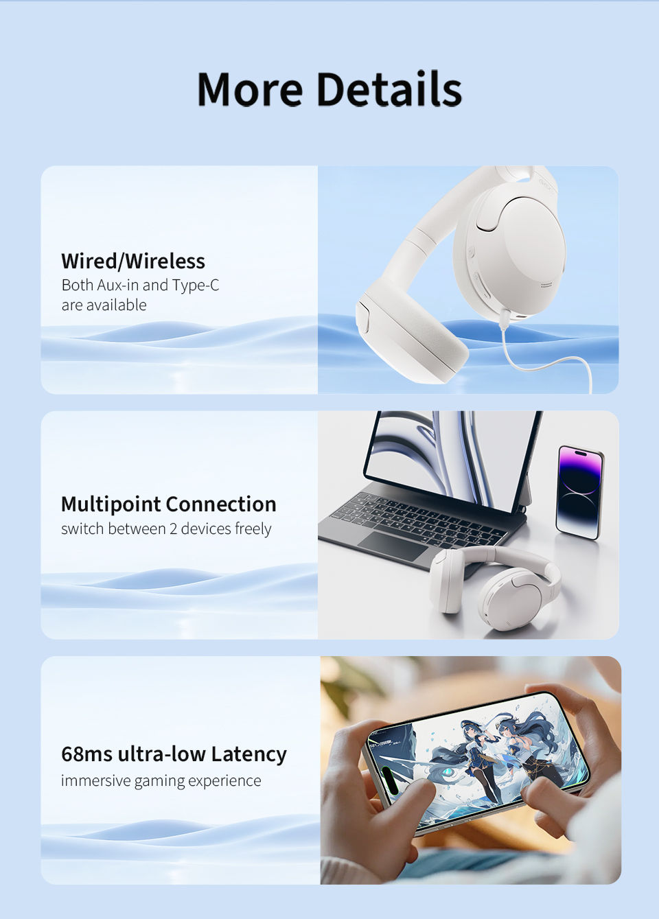 Thumbnail: QCY H3 Lite ANC Wireless/Wired Headphones Bluetooth 5.3 Foldable Over Ear Headse