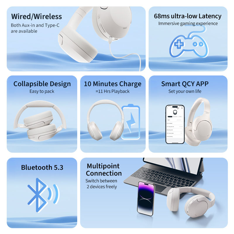 Thumbnail: QCY H3 Lite ANC Wireless/Wired Headphones Bluetooth 5.3 Foldable Over Ear Headse