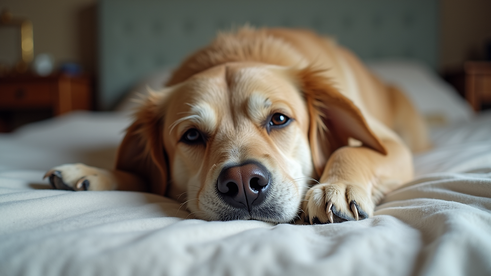 Eye-level view of an elderly dog resting comfortably on a soft bed