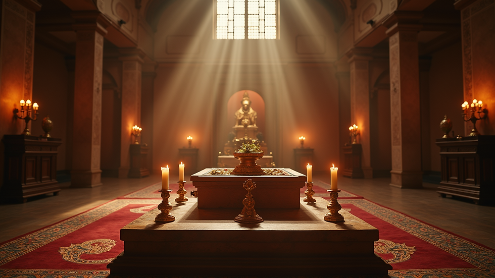 Eye-level view of a ceremonial altar with symbolic artifacts