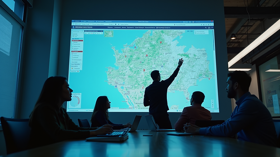 Eye-level view of a marketing team analyzing geospatial data on a large screen
