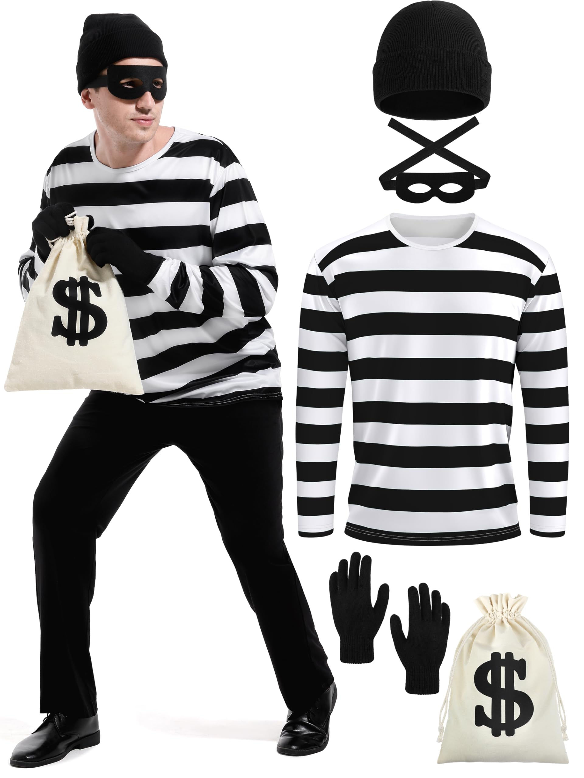 FancyFun 5 Pieces Halloween Costume Set Mens Robber Costume Halloween Cosplay Co