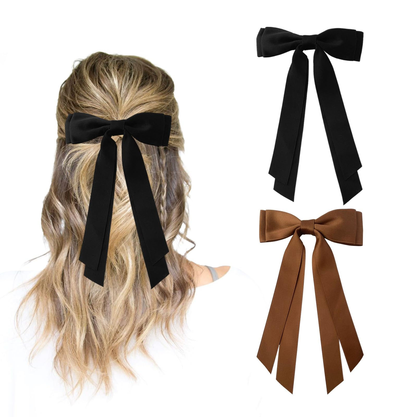 Black and Brown Hair Bows for Women - 2pcs Silky Satin Women Hair Bow Clips Pony