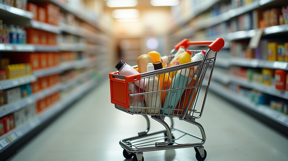 Close-up view of a shopping cart filled with diverse lifestyle products