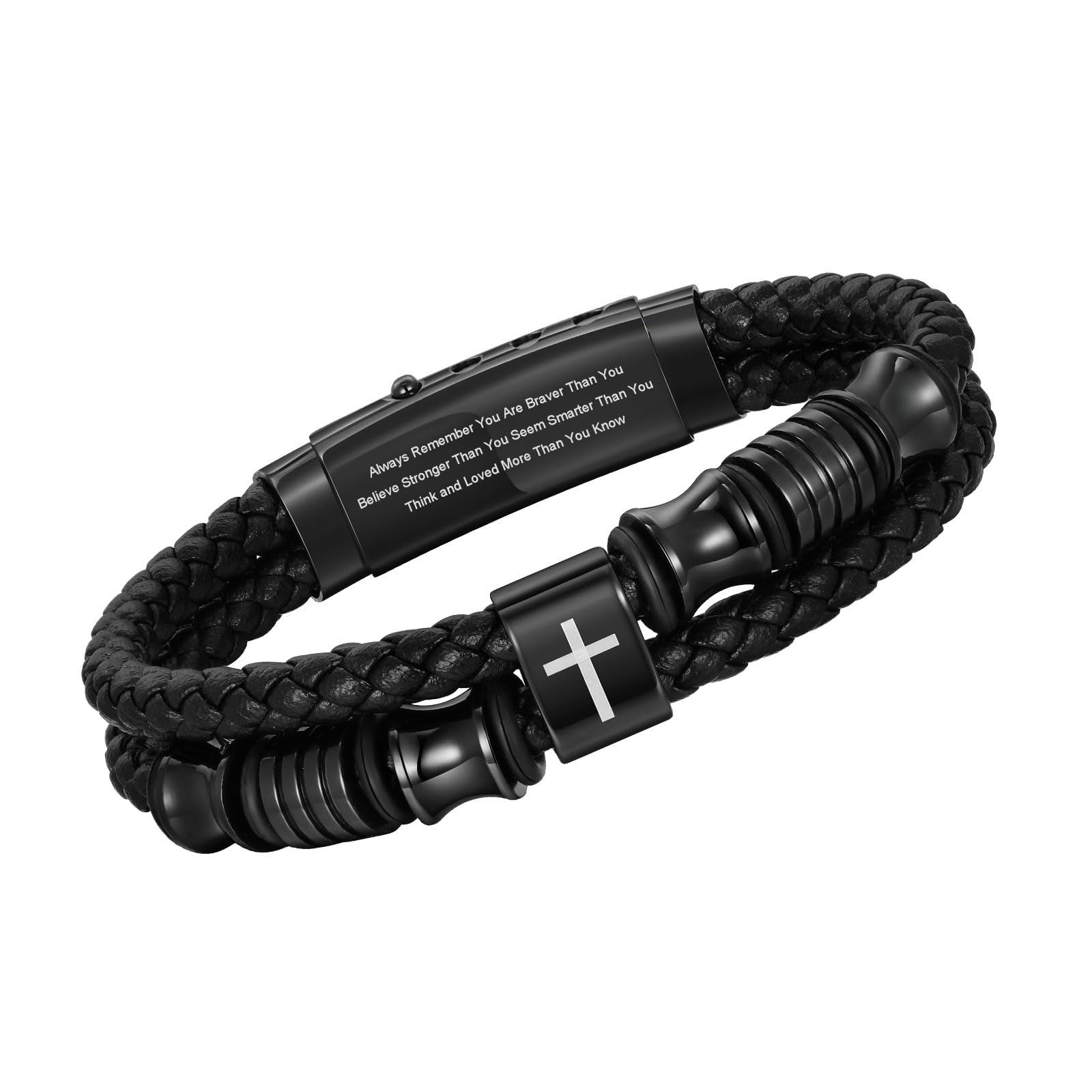 TempBeau Christian Black Leather Bracelet for Men - Double-Row Braided Leather F