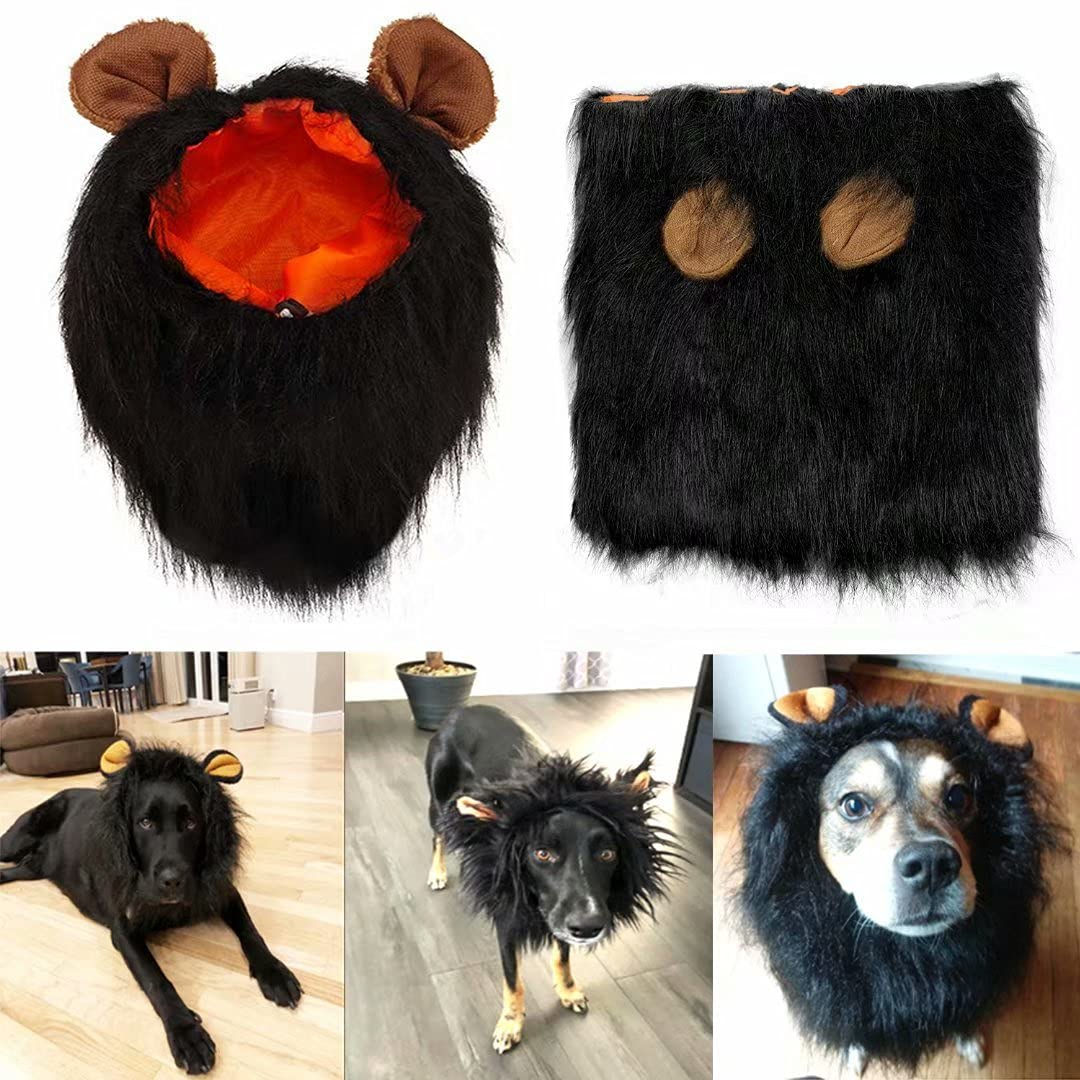 Lions Mane for Large Dog Halloween Costumes Pet Black Wig with Ears