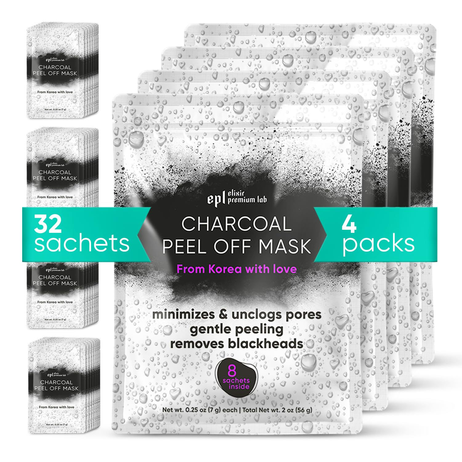 Activated Charcoal Face Masks Skincare 4 pack (32 sachets) - Korean Skin Care Pr