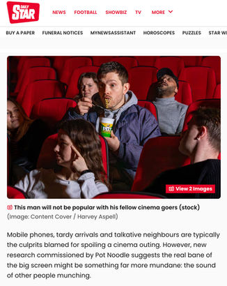 A press clipping from Daily Star published in March 2026 showing Pot Noodle's cinema slurping ban PR campaign, photographed by London PR photographer Harvey Aspell