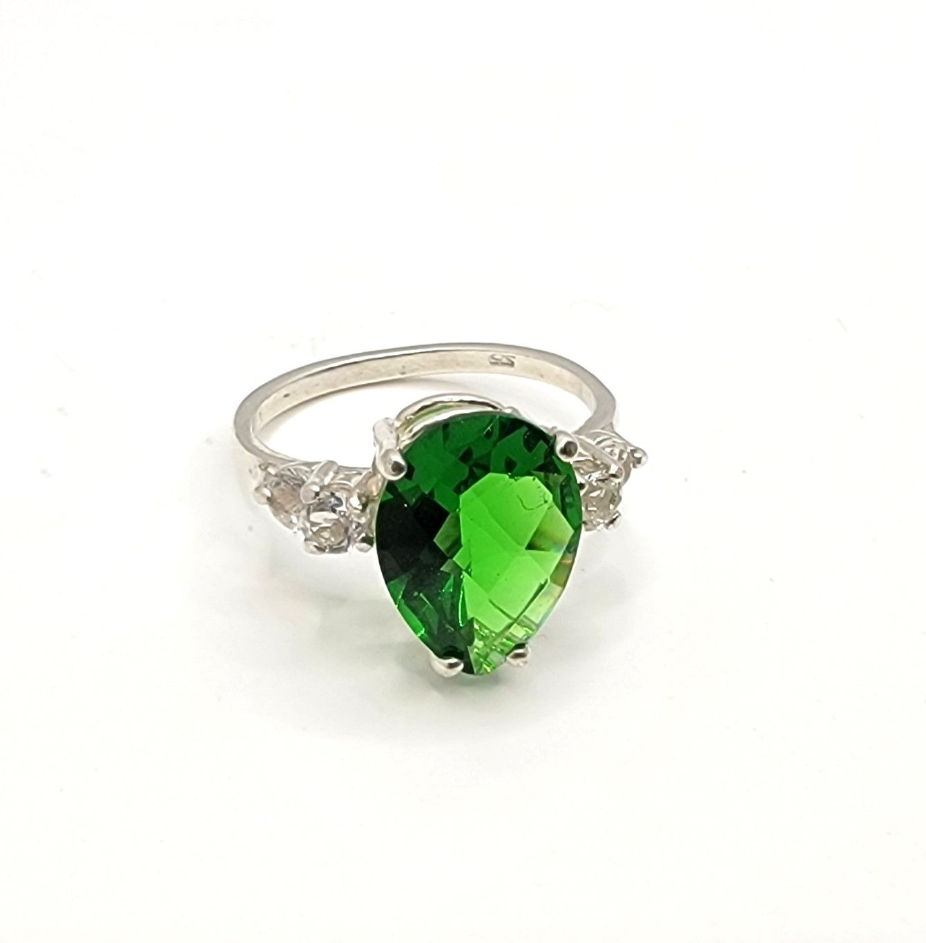 Green Helenite Pear White Topaz Accents Sterling Silver Ring