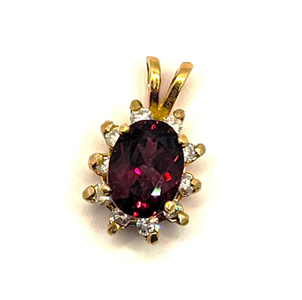Thumbnail: Almandine Garnet 9x7mm Oval gemstone Diamond accents 14kt Yellow Gold Pendant jewelry