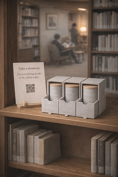 Serene library display with thoughtful messages.png