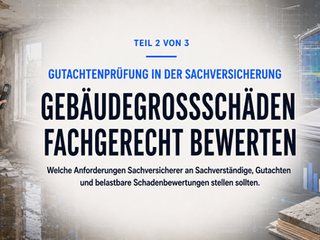Sachverständiger bewertet einen Gebäudegroßschaden anhand von Schadenbild, Bauteilanalyse, Gutachten und Kostenvergleich