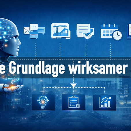 Visualisierung einer KI, die Projektinformationen aus Bauprojekten analysiert und strukturierte Entscheidungen aus Kommunikation, Planung, Verträgen, Terminplänen und Wissensdokumentation ableitet