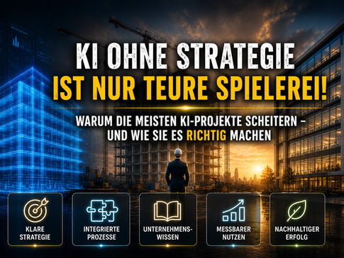 Visualisierung einer KI-Strategie für die Bau- und Immobilienwirtschaft mit BIM-Modell, Baustelle und modernem Bürogebäude als Symbol für den erfolgreichen Einsatz individueller KI-Anwendungen.