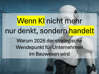 Humanoider Roboter vor schemenhafter Baustelle mit digitalen Schaltkreisen als Symbol für physische KI im Bauwesen
