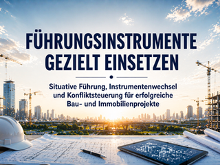 Zentrierte Visualisierung von Führungsinstrumenten vor urbaner Baustellenkulisse mit Fokus auf situative Führung und Projektsteuerung