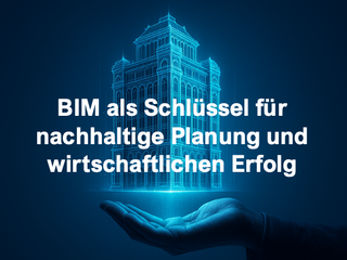 Holografisches BIM-Modell eines nachhaltigen Gebäudes, leuchtend in Blau, schwebend über einer Hand vor dunkelblauem Hintergrund